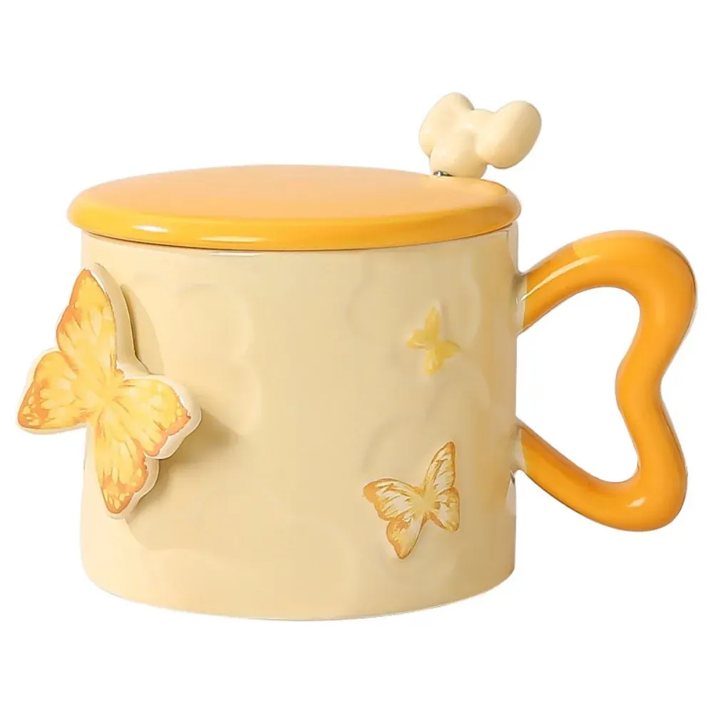 Butterfly Ceramic Mug with Lid and Spoon, 13.5 oz, Yellow (2-Pack)