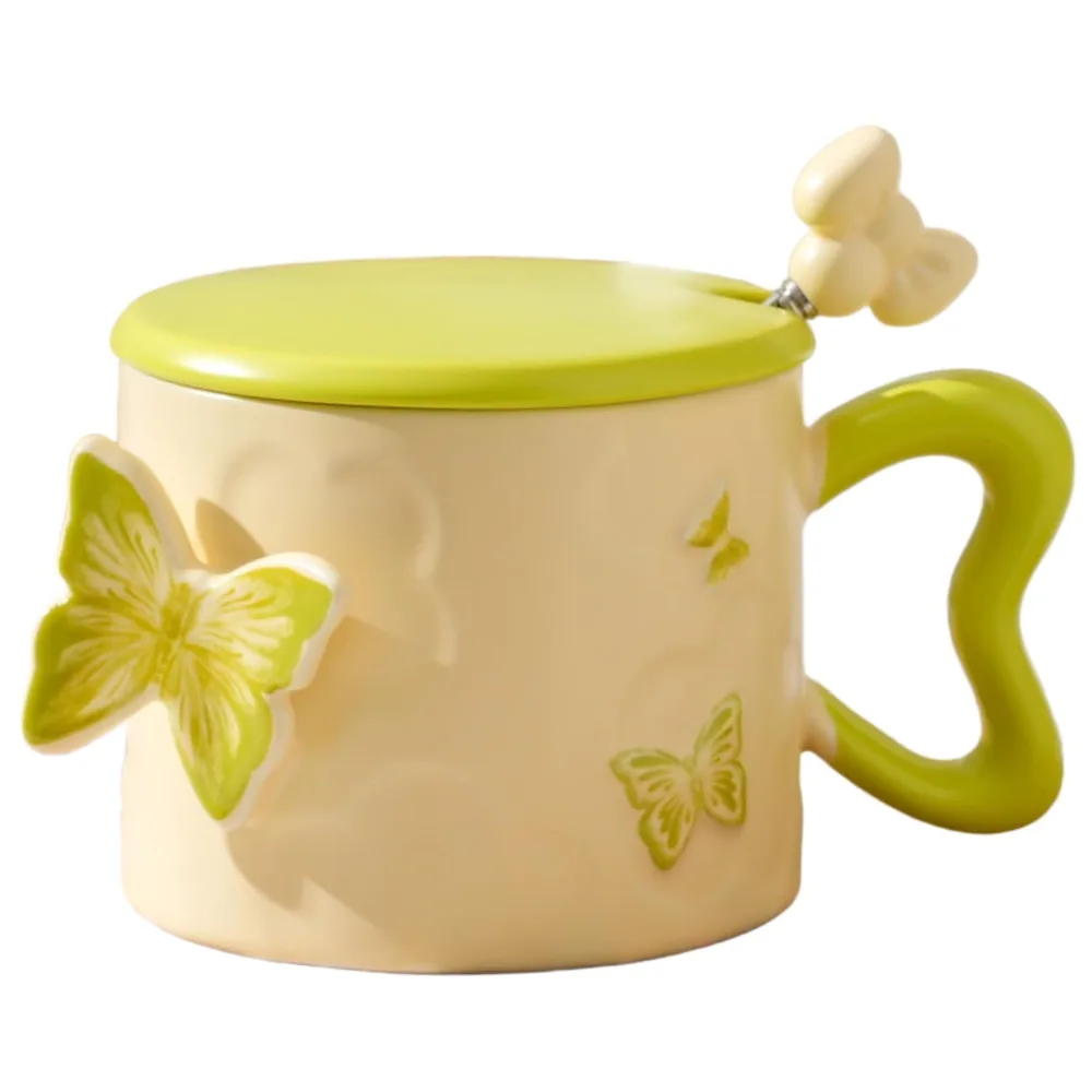 Ceramic Coffee Mug, Dingrich 13.5oz Cute Butterfly Tea Cup with Lid and Spoon, 3D Butterfly Drinking Cup for Home Office, Perfect for Christmas Birthday Wedding Mother's Day Gifts (Green)